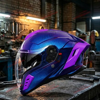 New Motorcycle Dual Lens Exposed Face Helmet Men's and Women's Four Season Models Large Tail Wing Motorcycle Full Face Helmet