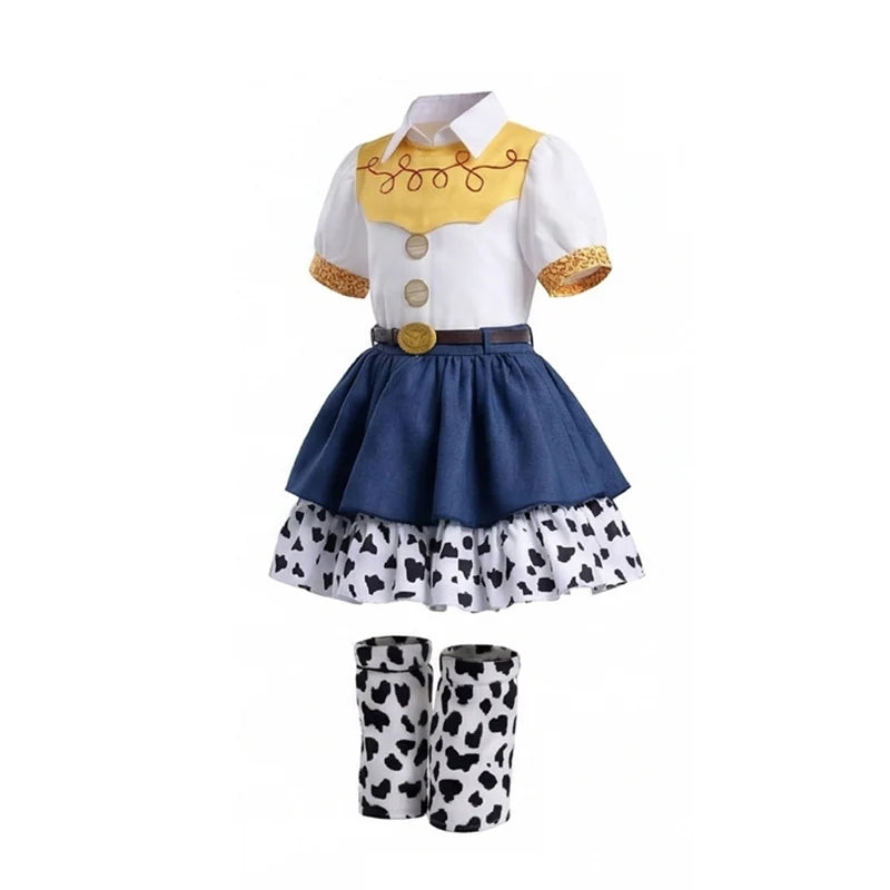2026 Cool Girl Western Cowgirl Suit Double Layer Cow Print Skirt With Leg Warmers Kid Toy Party Movie Costume Fancy Jessie Dress