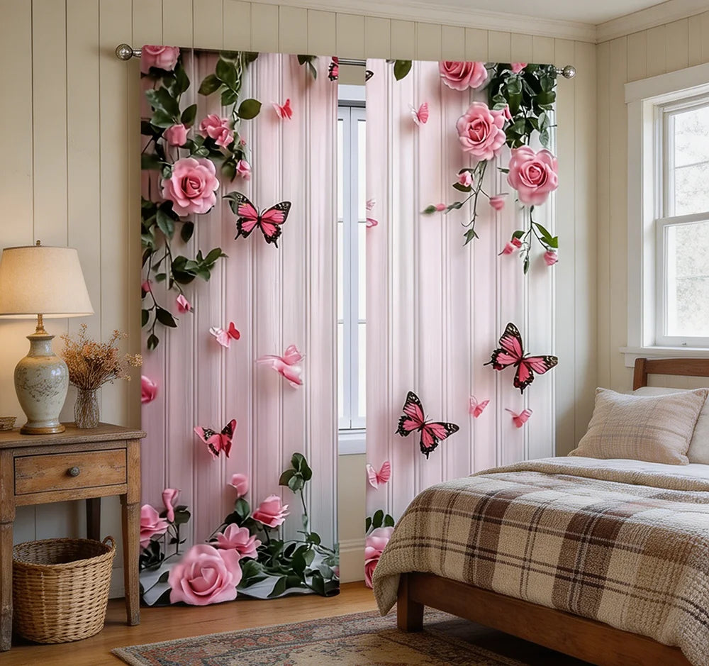 2PCS Digital Printed Curtains, Butterfly Pink Rose Romantic Botanical, Rod Pocket Window Drapes for Living Room Bedroom Decor