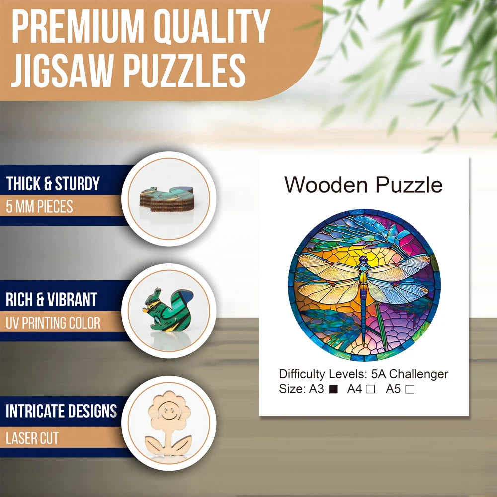 Colorful Dragonfly Wooden Puzzle with Beautiful Gift Package - Unique Shaped Pieces Wooden Toys for Adults Kids, Christmas Gift