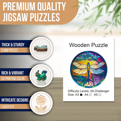 Colorful Dragonfly Wooden Puzzle with Beautiful Gift Package - Unique Shaped Pieces Wooden Toys for Adults Kids, Christmas Gift