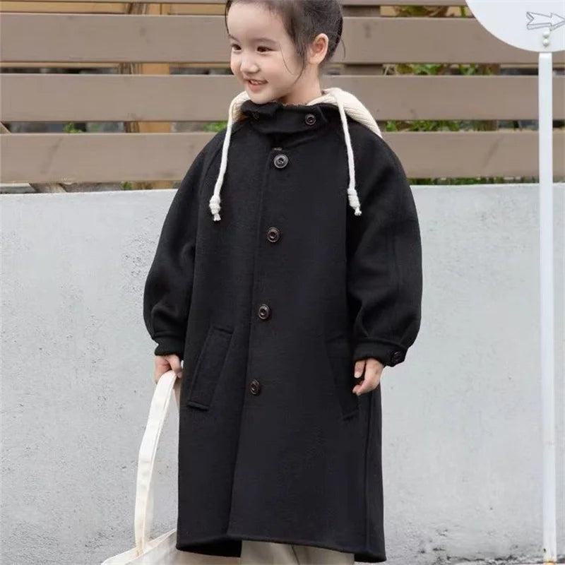 Kids Tweed Jacket Girls Warm Overcoat Autumn Medium-Length Coat Spring Hooded Windbreaker New Casual Single-Breasted Clothing