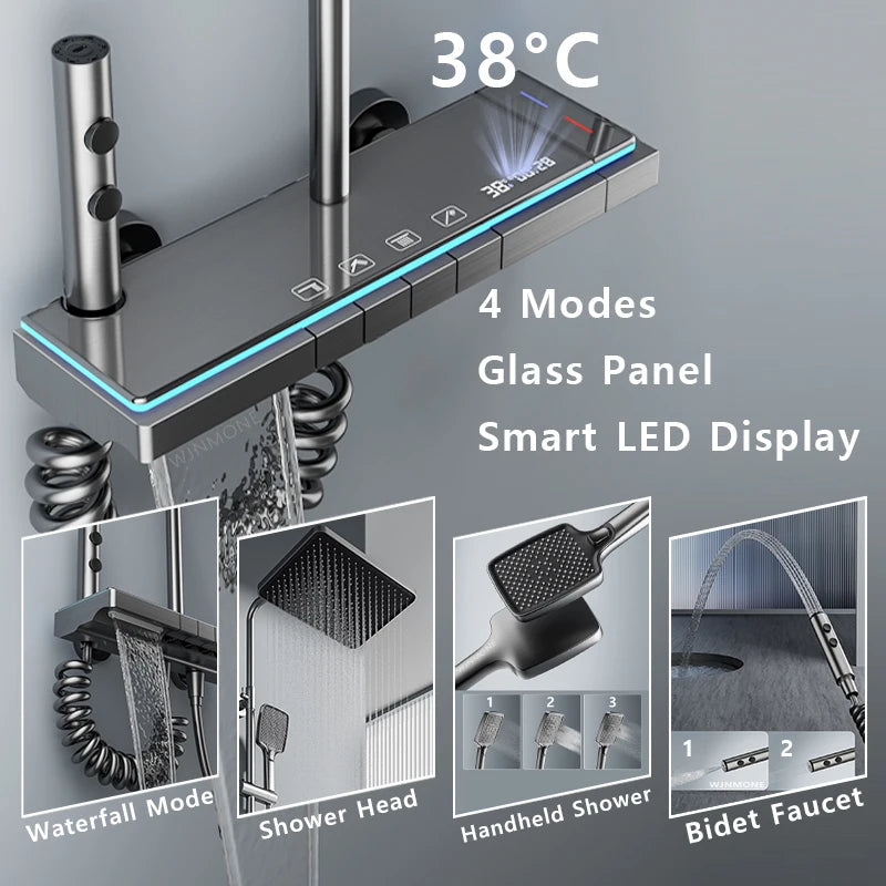 Modern Bathrooms Shower System Set Glass Panel Bathtub Rain LED Display Rainfall Shower Mixer Tap Thermostatic Faucet with Light