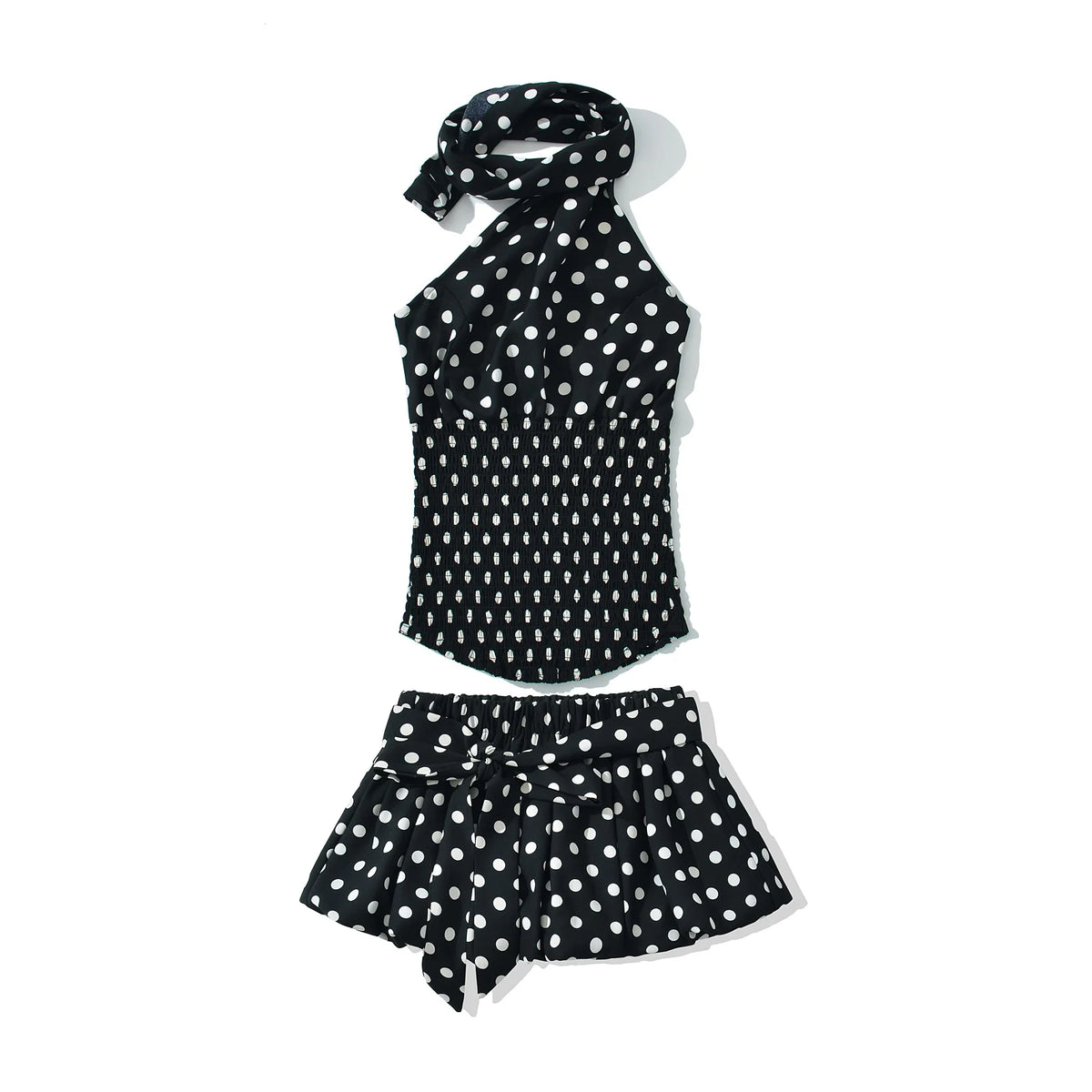 Sexy Black White Polka Dot Halter Tank Top + Tie Bow Sashes Elastic Waist Ruched Ball Gown BUD Mini Skirt 2 Pieces 1 Set