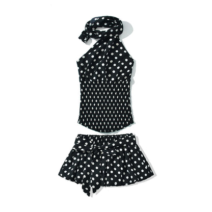 Sexy Black White Polka Dot Halter Tank Top + Tie Bow Sashes Elastic Waist Ruched Ball Gown BUD Mini Skirt 2 Pieces 1 Set