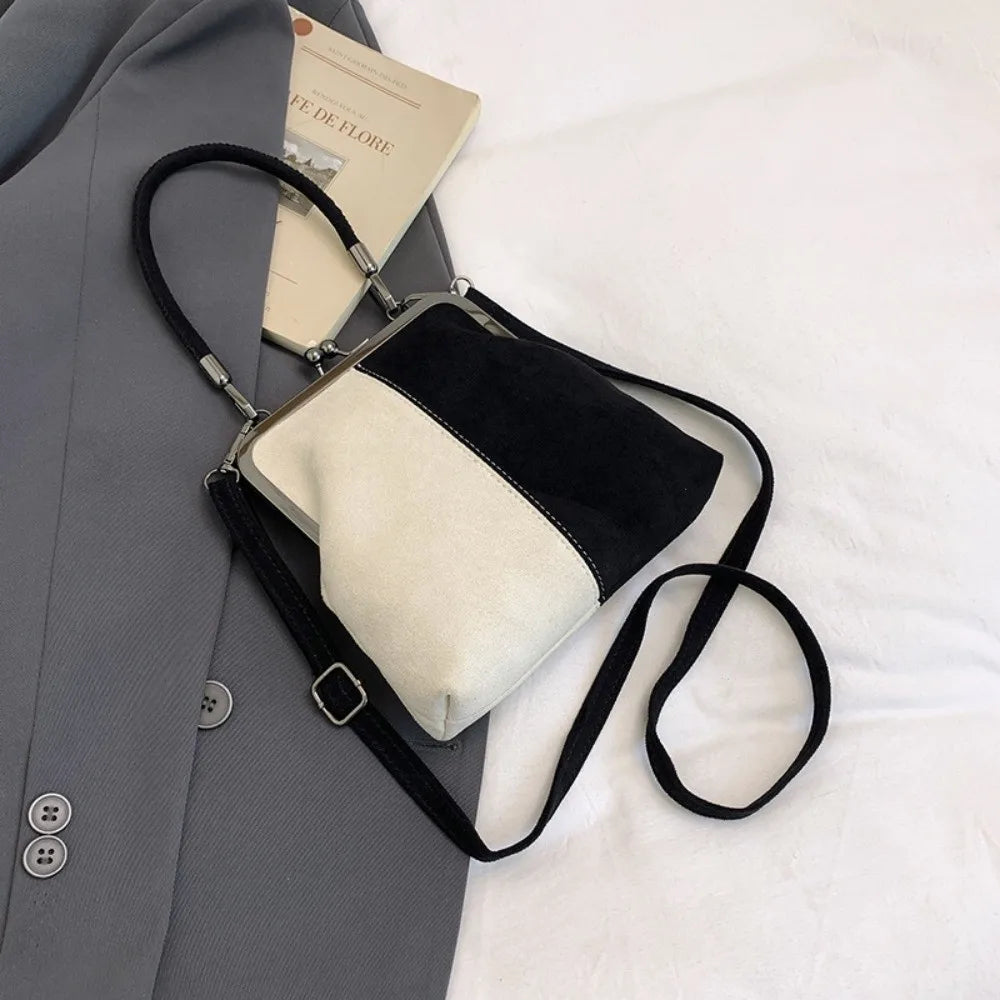 Large Capacity Retro Frosted Handbag Kiss Lock Short Handle Leather Crossbody Bag Clip Closure PU Clutch Shoulder Bag
