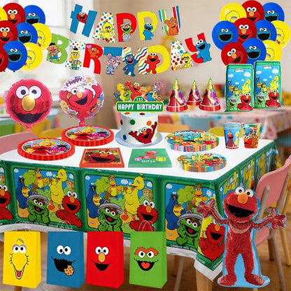 Birthday Party Decoration Set Supplies Cartoon Sesame Streets Birthday Party Supplies Tableware Balloon Cake Topper Banner Plate
