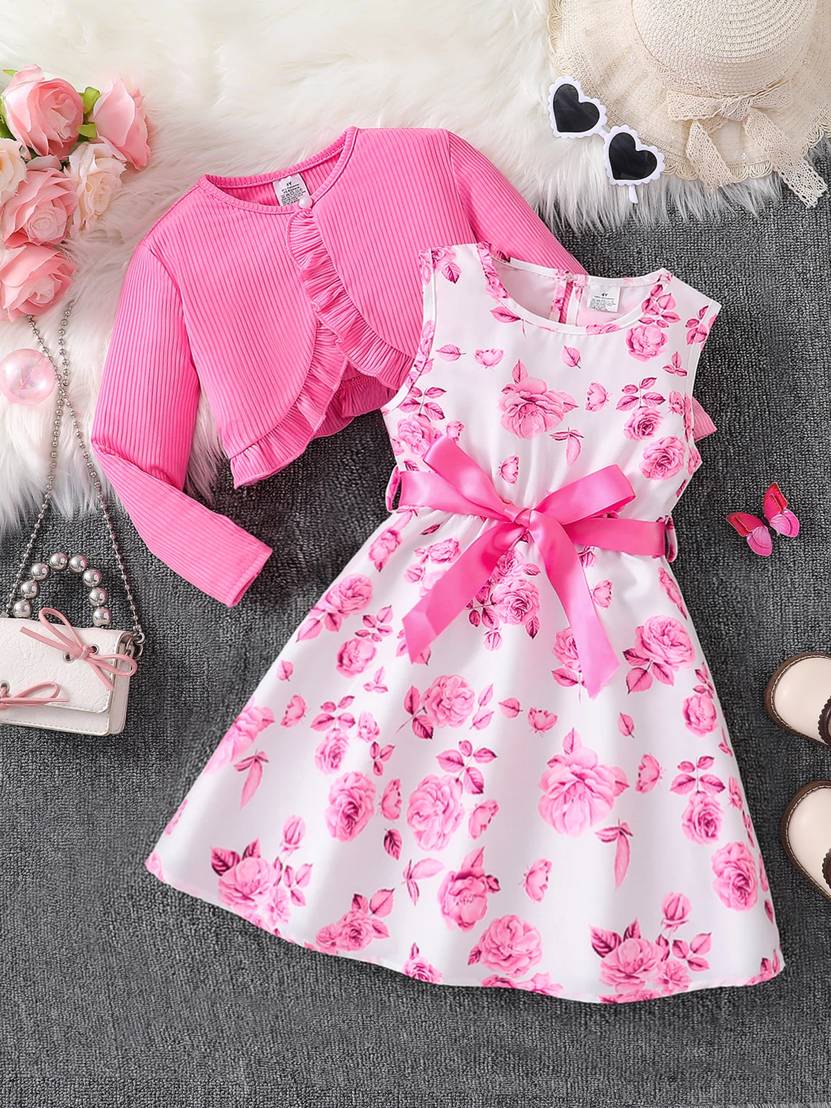 Children's Clothing Girl Autumn Fashion Casual Pink Floral Dress Set 2-Piece Set - Pink Round Neck Vest + Pink Floral Skirt