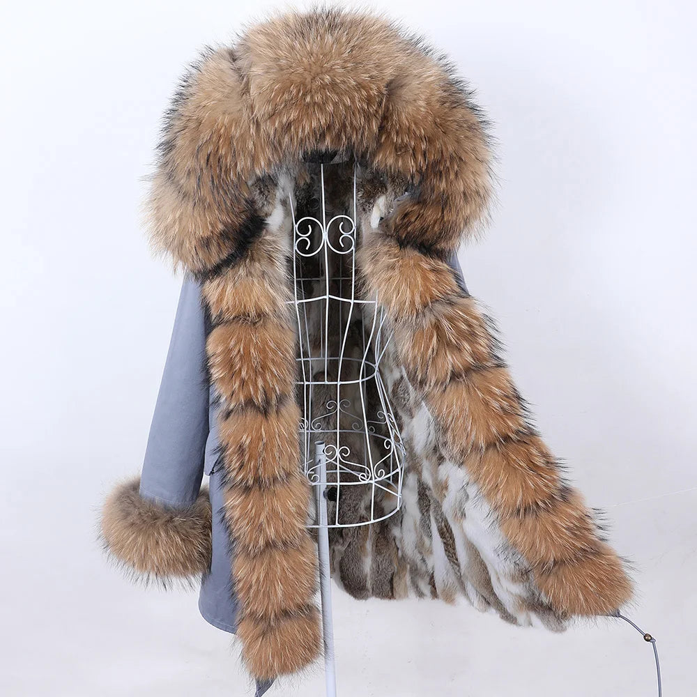 2026 Maomaokong Women's Winter Coats Rabbit Lining Jacket Natural Real Raccoon Fur Collar Parka Fox Fur Long Female Clothing