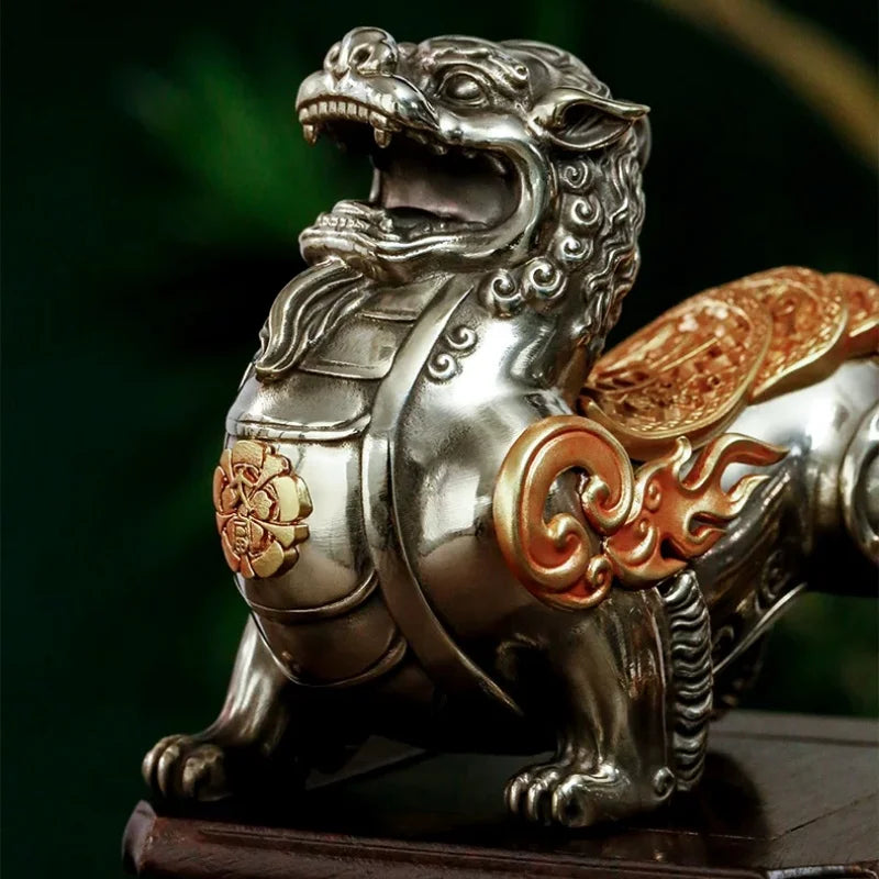 Pixiu Statue Chinese Feng Shui Pi Yao Figurine Silver Metal Sculpture Wealth Lucky Desktop Ornament Home Office Table Decor Gift