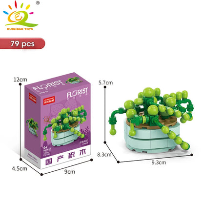 HUIQIBAO MOC Flower Succulent Potted Model Building Block DIY Eternal Bouquet Home Desk Plant Decor Brick Girl Gift Children Toy