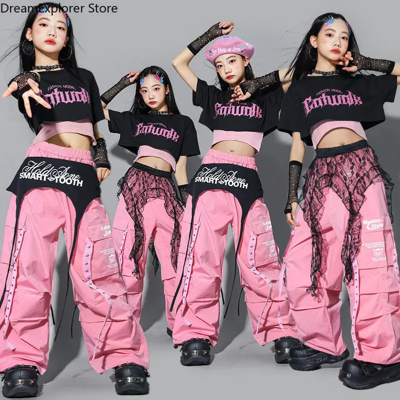 Girls K-pop Crop Top Street Dance Tiered Skirt Cargo Pants Children Costume Kids Hip Hop Streetwear Jazz Girl Group Clothes Sets