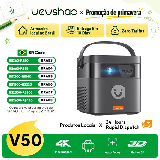 VEVSHAO V50 400ANSI DLP Projector Airplay Miracast 15000mAh Battery Android 9.0 TOF Focus 3D Portable Outdoor Movie Projector