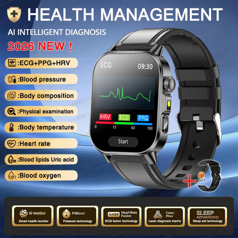 2026 New ECG+PPG Health AI Diagnosis Analysis Smart Watch Blood Lipid Uric Acid Tracker Clock NFC Bluetooth Call Watch Men Women
