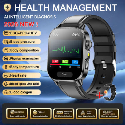 2026 New ECG+PPG Health AI Diagnosis Analysis Smart Watch Blood Lipid Uric Acid Tracker Clock NFC Bluetooth Call Watch Men Women