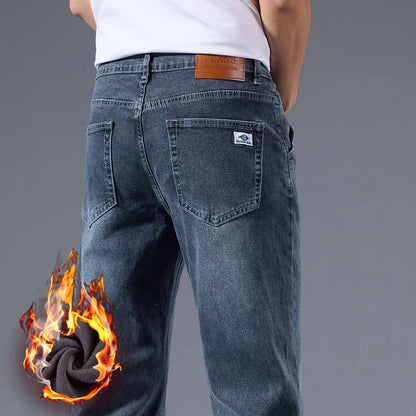 Men's Winter Fleece Thicken Lightweight Business Straight Leg Jeans Solid Color Versatile Slight Elastic Long Pants