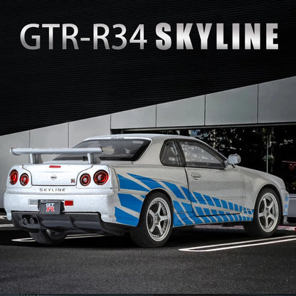 1:32 GTR Modified SKYLINE Supercar Alloy Car Diecast Metal Vehicle Model Sound Light Kids Toy Boy Gift CollectFast Furious Ornam