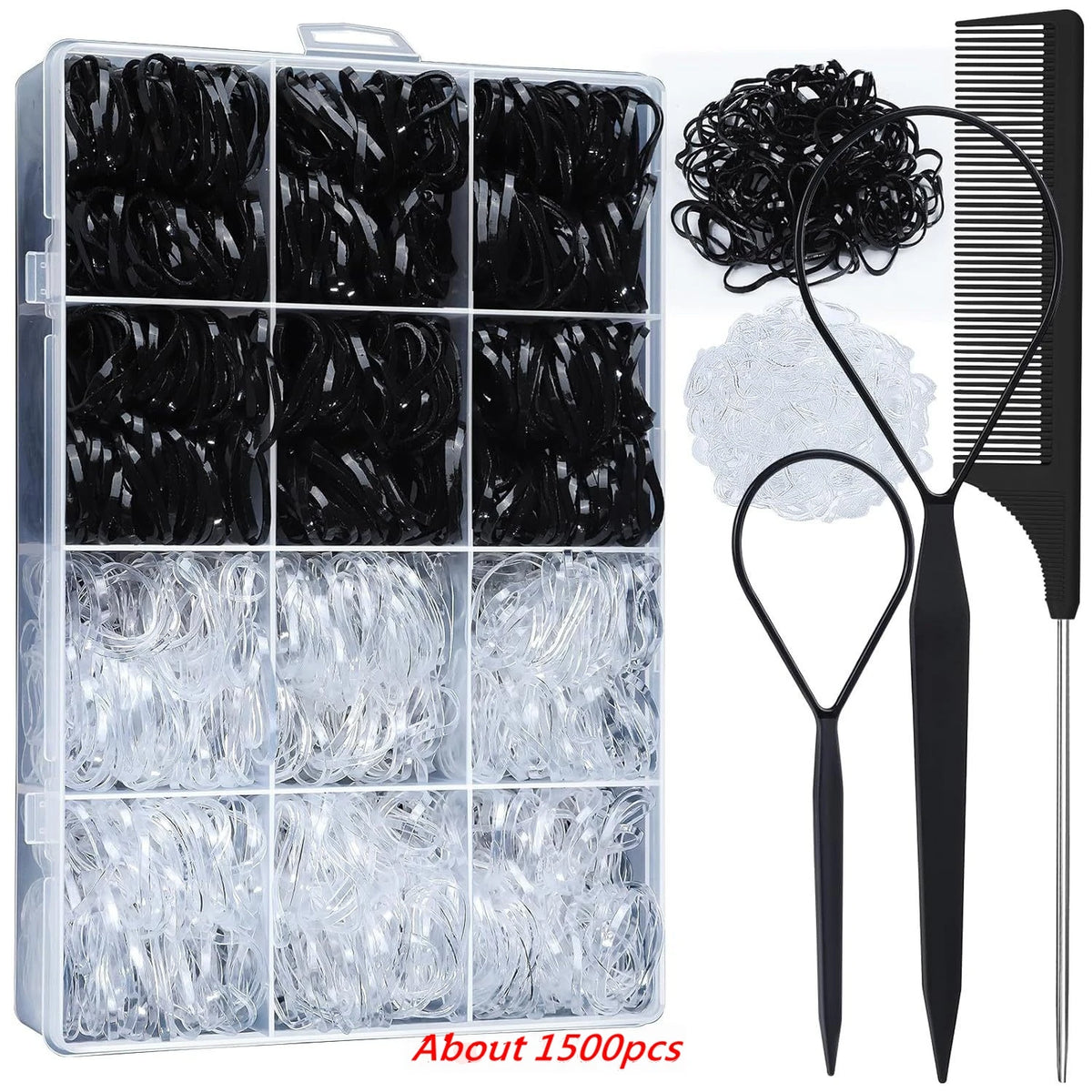 24-Color Hair Ties 1500Pcs Boxed Hair Ties Hair Extractor Hair Needle Pointed Tail Comb Hair Braiding Tools