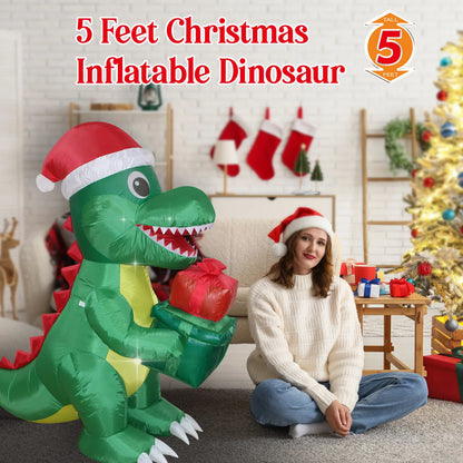 1.5m Christmas Inflatable Dino Giftbox LED Lighted Blow Up Outdoor Yard Lawn Decoration for Home Garden Winter Holiday Party
