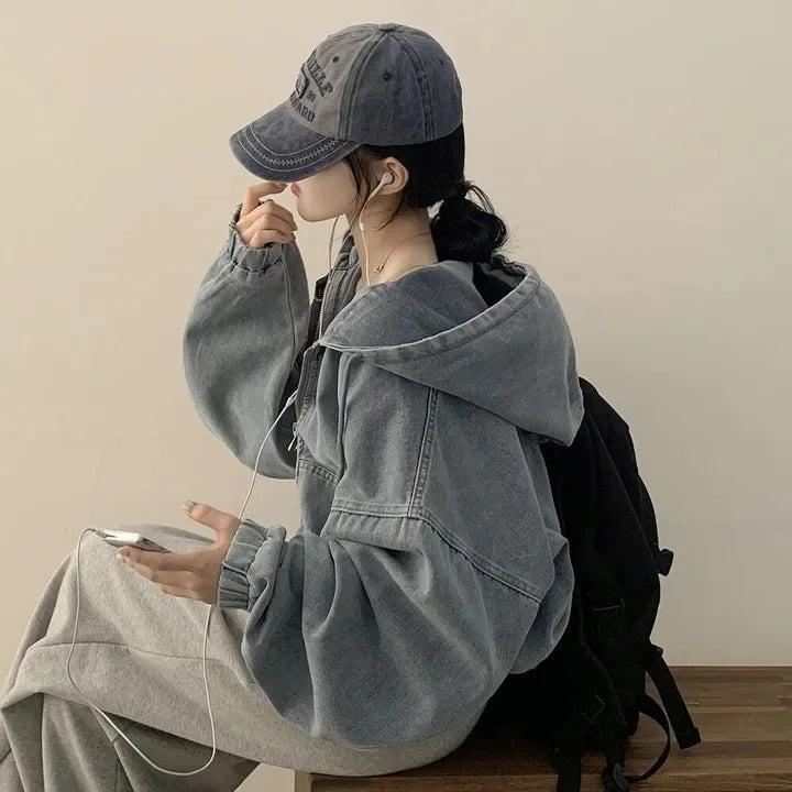 Korean Lazy Chic Autumn Retro Style Zipper Universal Loose Casual Long Sleeve Hooded Short Light Denim Jacket