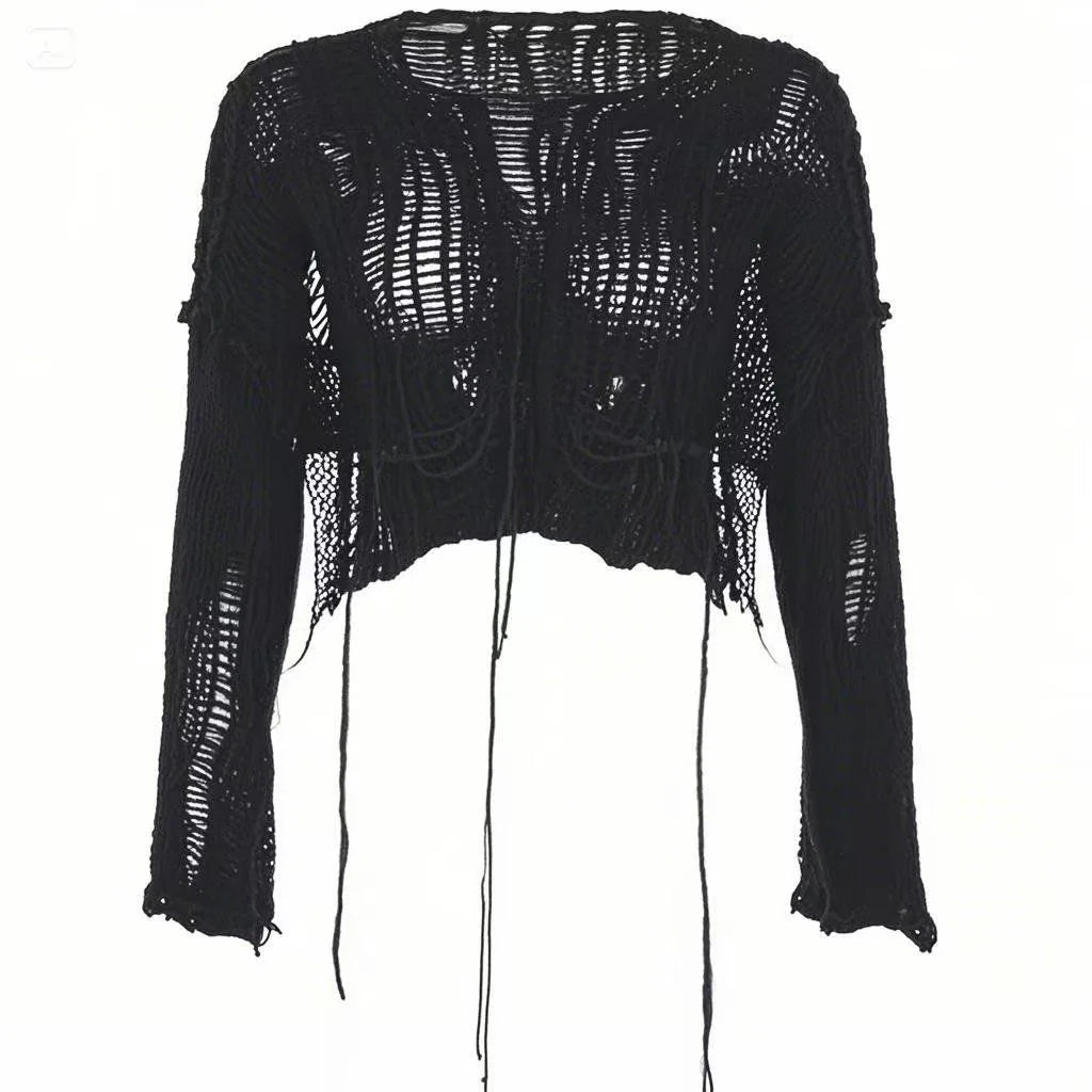 Solid Slash Neck Grunge Knitted Women's Sweater Hole Ripped Pullover Crop Top Harajuku Hollow Out Sexy Summer Jumpers All Match