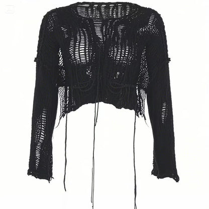 Solid Slash Neck Grunge Knitted Women's Sweater Hole Ripped Pullover Crop Top Harajuku Hollow Out Sexy Summer Jumpers All Match
