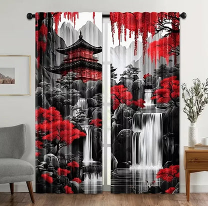 Launch The 2-Panels Japanese Warriors and Women Under Cherry Blossom Trees Semi Blackout Curtain - Improve Your Home Decor
