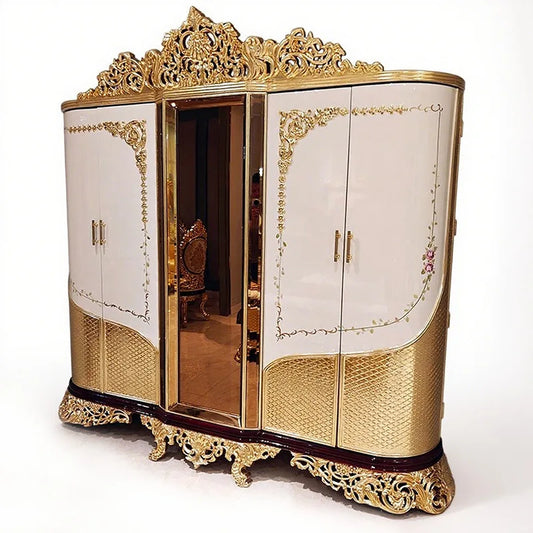French Style Solid Wood Bedroom Wardrobe Villa Luxury White Flat Door Locker Hand-painted Art Gold Foil High-end New