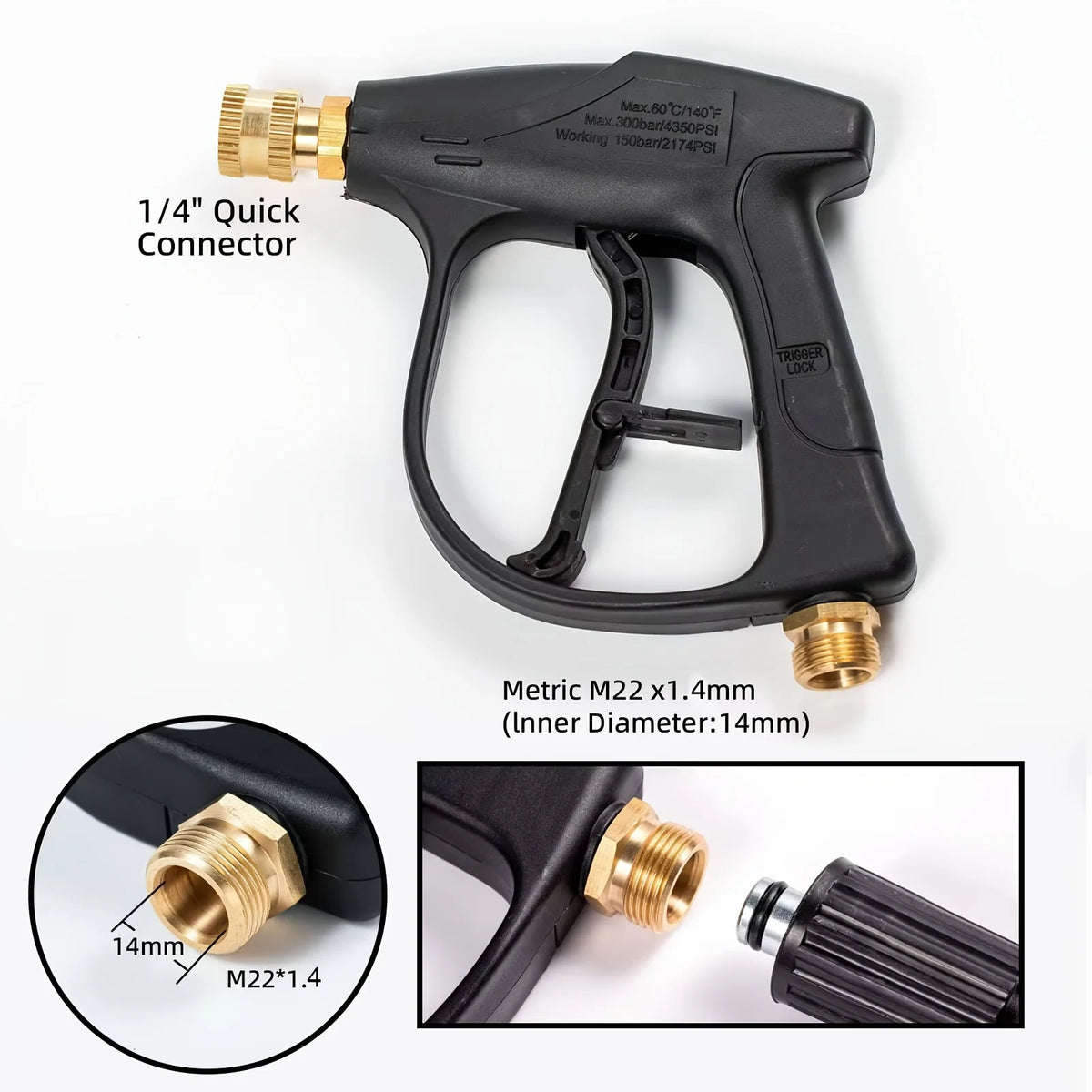High Pressure Washer Gun, 1/4" & 3/8" Quick Connect, M22-14/15mm, Equipped with 5 Multi-angle Nozzles, Universal Professional