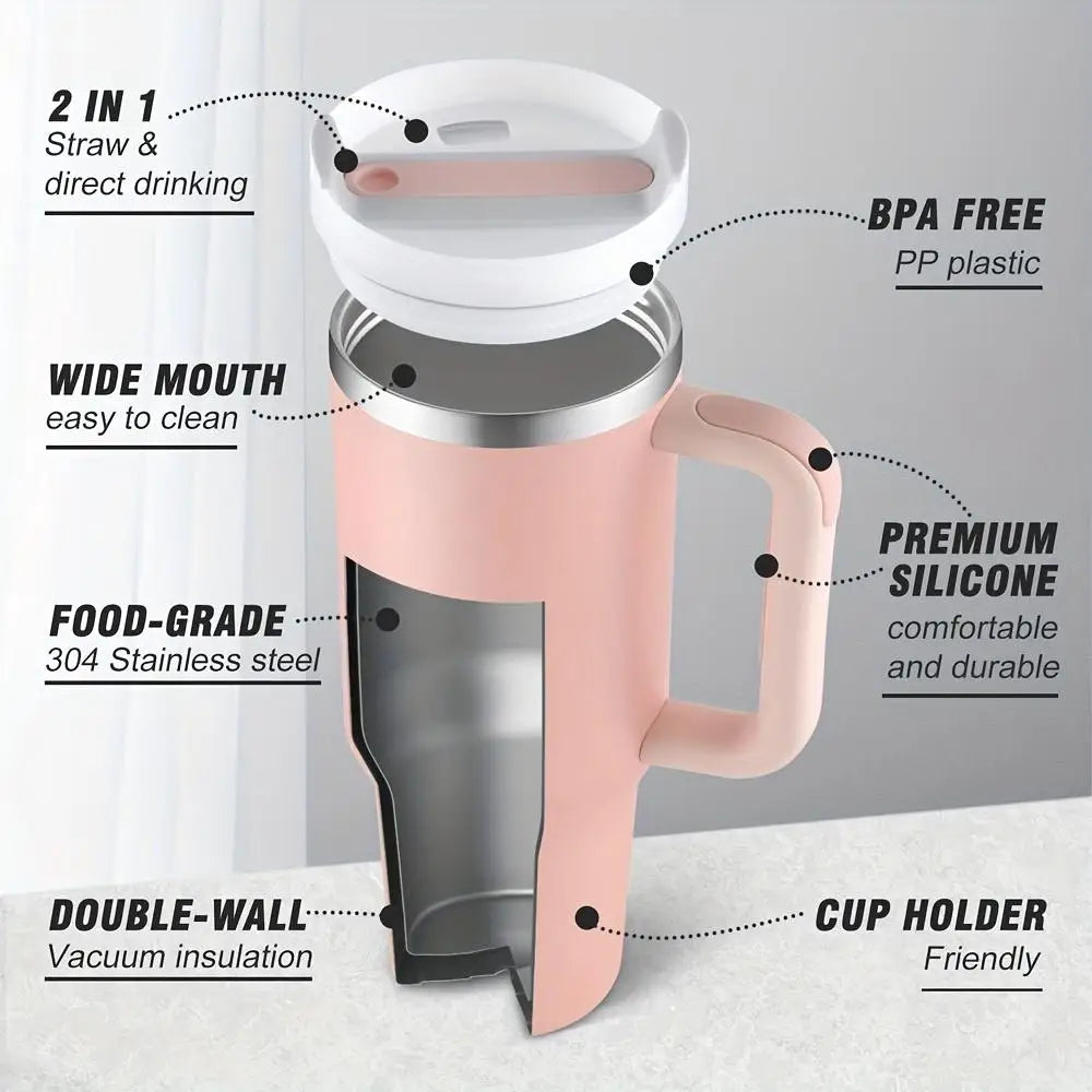Large Capacity Car Insulated Water Bottle 40oz Leak-Proof Stainless Steel Travel Cup with Lid Straw Handle for Hot and Cold Drinks