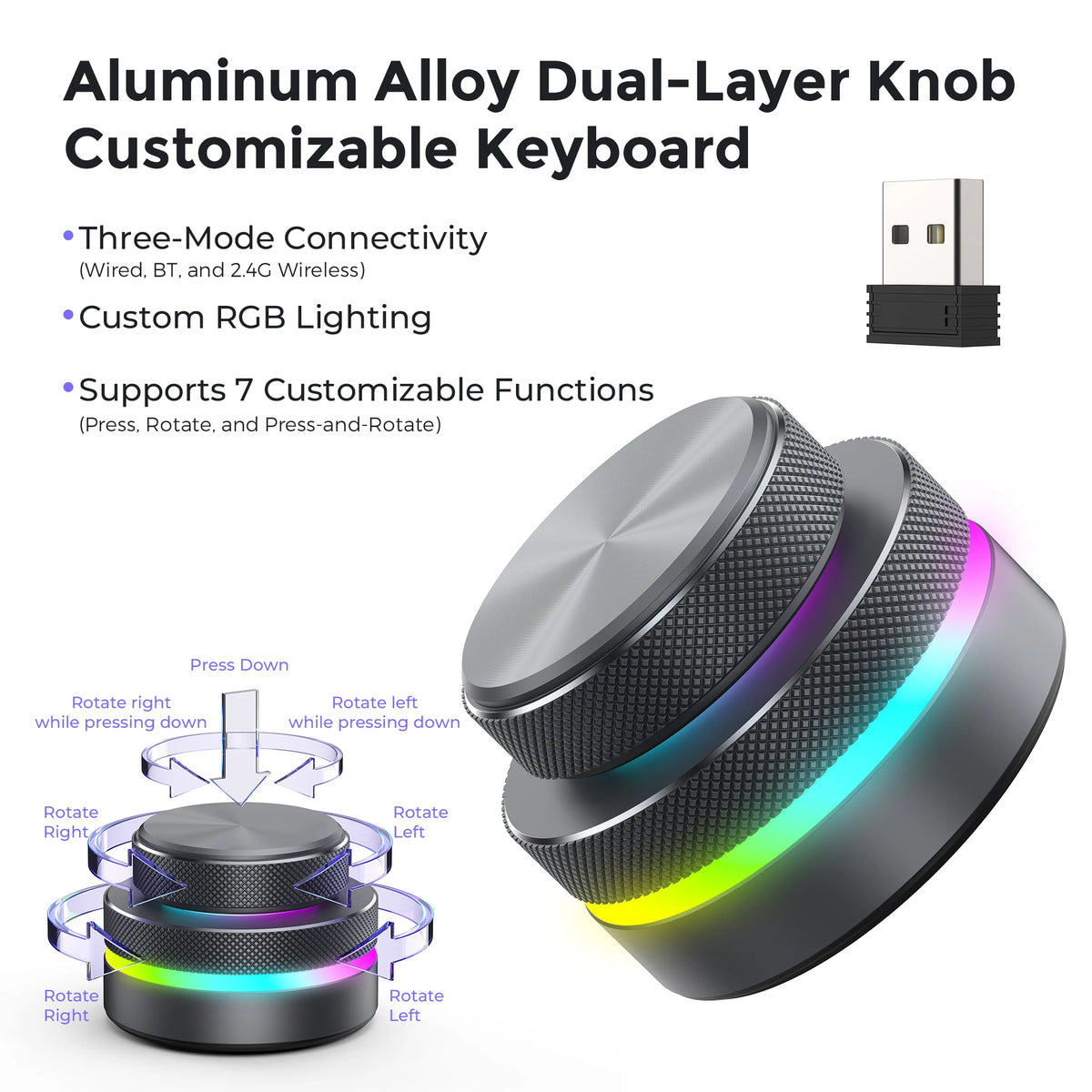 Dual-Layer Knob Wireless Custom Keyboard RGB Custom Control Volume Knob Multimedia Office Craphic Video Audio Editing Artwork