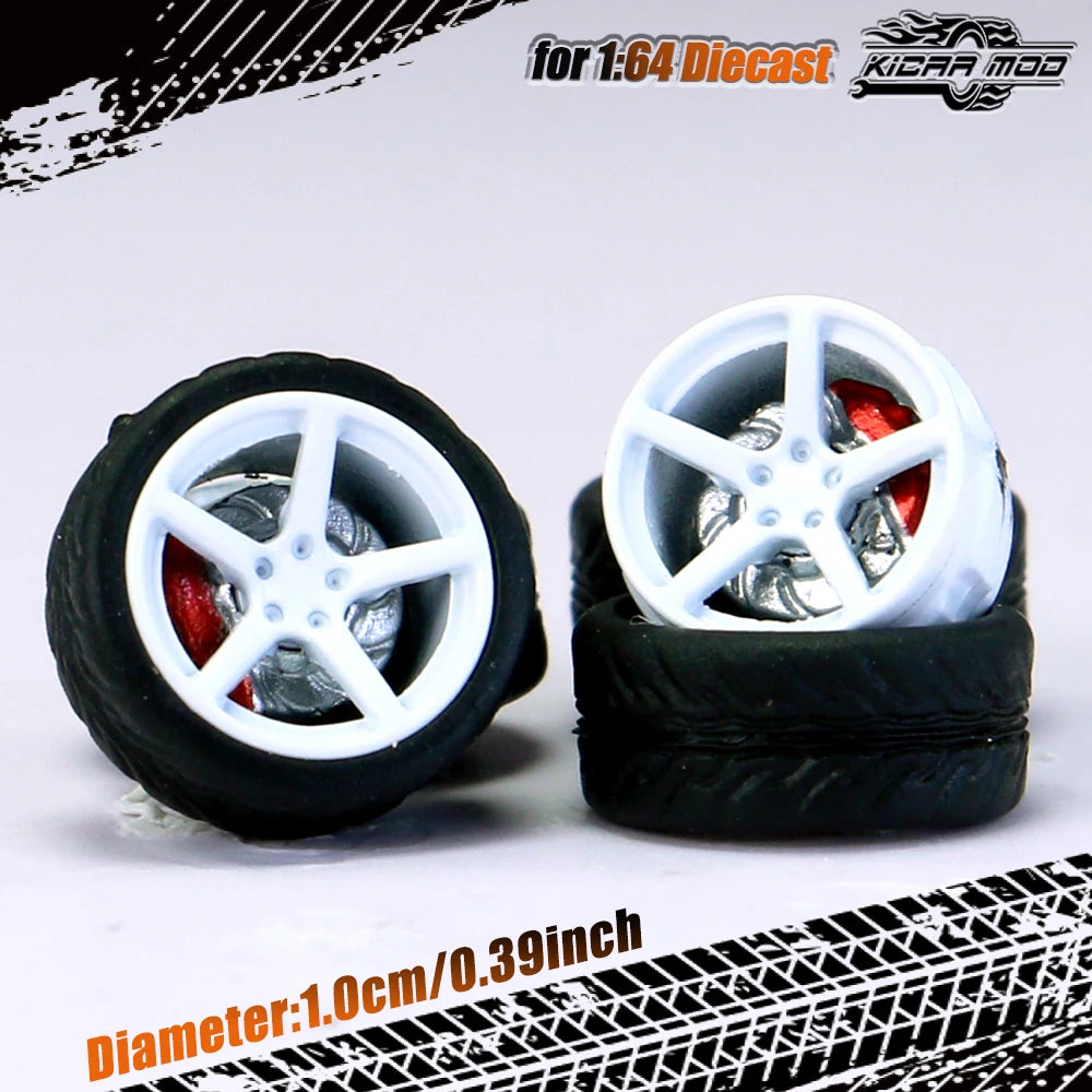 Kicarmod 1/64 Model Car ABS Wheels with Rubber Tire Brake Disc Refitting Parts Diameter 10mm For Model Car Tomica