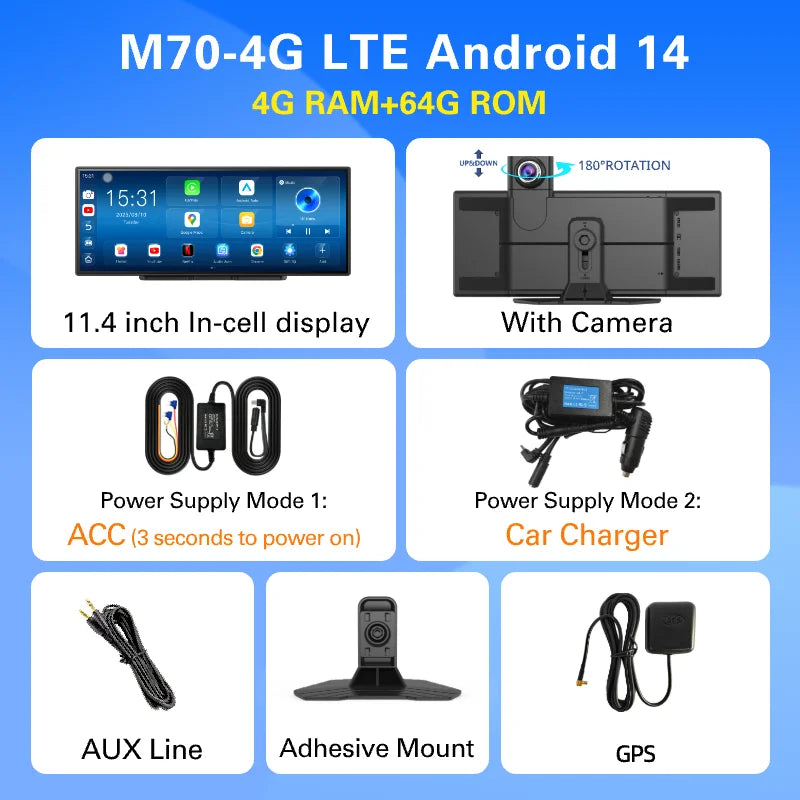 Imagebon M70 11.4" 4G Android 14 8+128G Dashcam 8 Core Wireless CarPlay & Android Auto Split Screen Remote Monitoring Car DVR