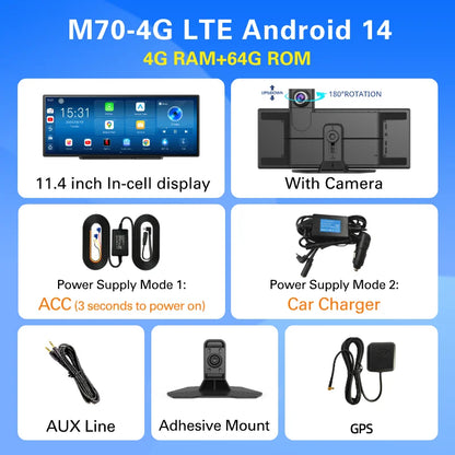 Imagebon M70 11.4" 4G Android 14 8+128G Dashcam 8 Core Wireless CarPlay & Android Auto Split Screen Remote Monitoring Car DVR