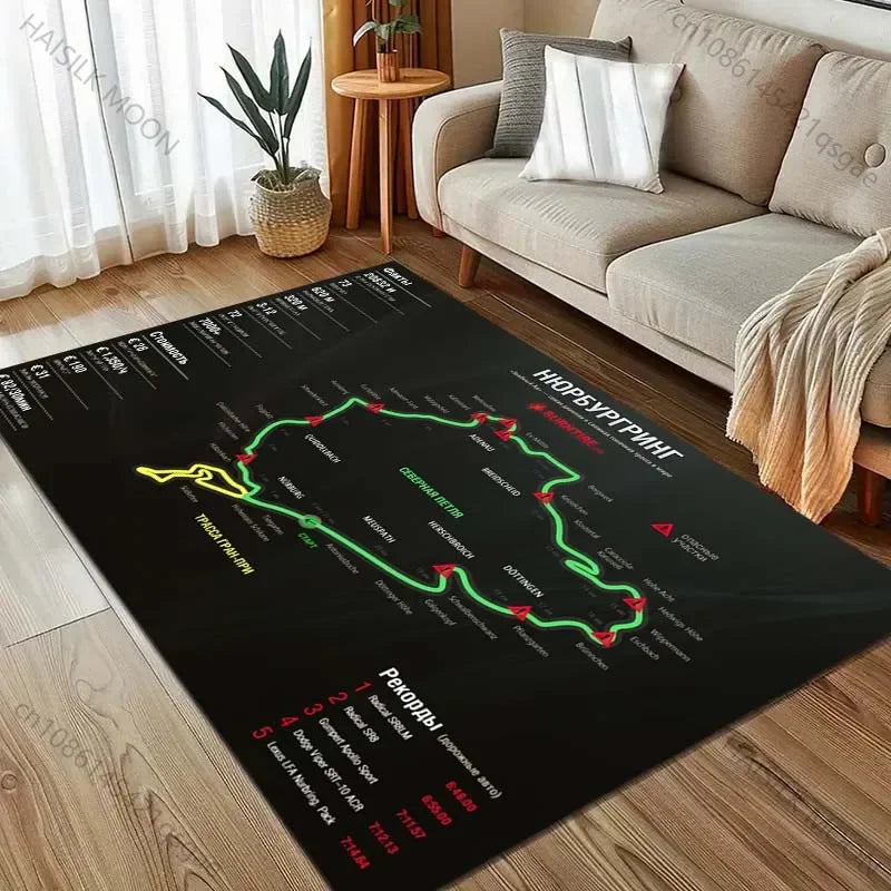 Race Track Inspired Area Rug – F1 Style Circuit Carpet for Living Room & Bedroom, Non-Slip Washable Large Floor Mat