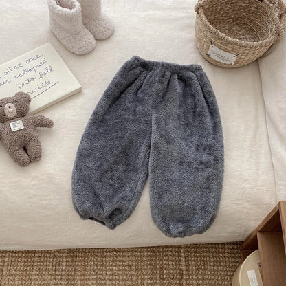 Solid Color Simple Casual Trousers Children's Home Clothes Autumn Winter Warm Plush Long Pant Baby Girls Boys Clothing Pants