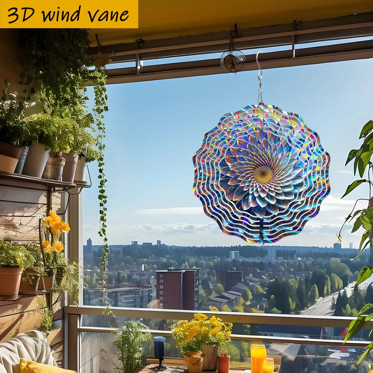 Flower Wind Vane with 360° Rotating Hook - Round Iron Metal Wind Spinner, Vibrant Multicolor Petals & Iridescent Rainbow Colors