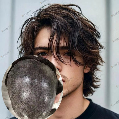 5 Inches Human Hair Brown Gray Blonde Natural Hairline Men's Toupee Long Last 0.1mm Poly Skin Silicon Base #4 1b50 Hair Replace