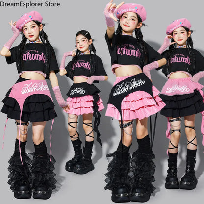 Girls K-pop Crop Top Street Dance Tiered Skirt Cargo Pants Children Costume Kids Hip Hop Streetwear Jazz Girl Group Clothes Sets