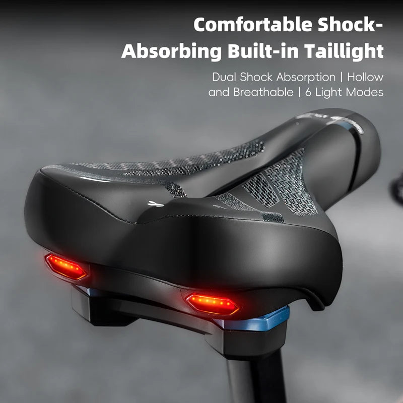 Bike Saddle with LED Taillight 6 Lighting Modes Memory Foam Padding TYPE-C Charging Weatherproof for Night Cycling Safety