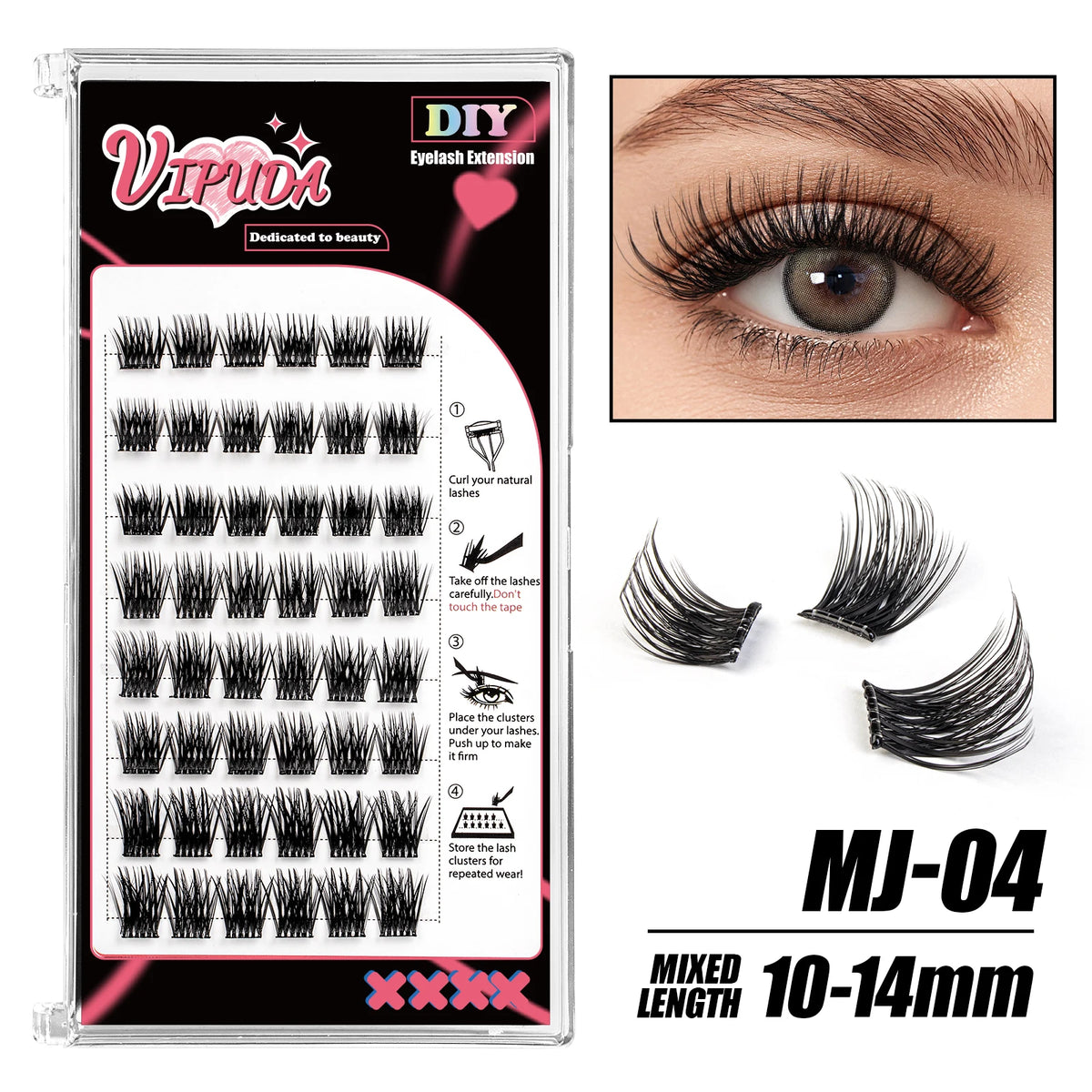 Vipuda Self Adhesive Cluster Lashes Press on No Glue Needed Segmented Eyelashes Reusable DIY Individual Eyelash Extension