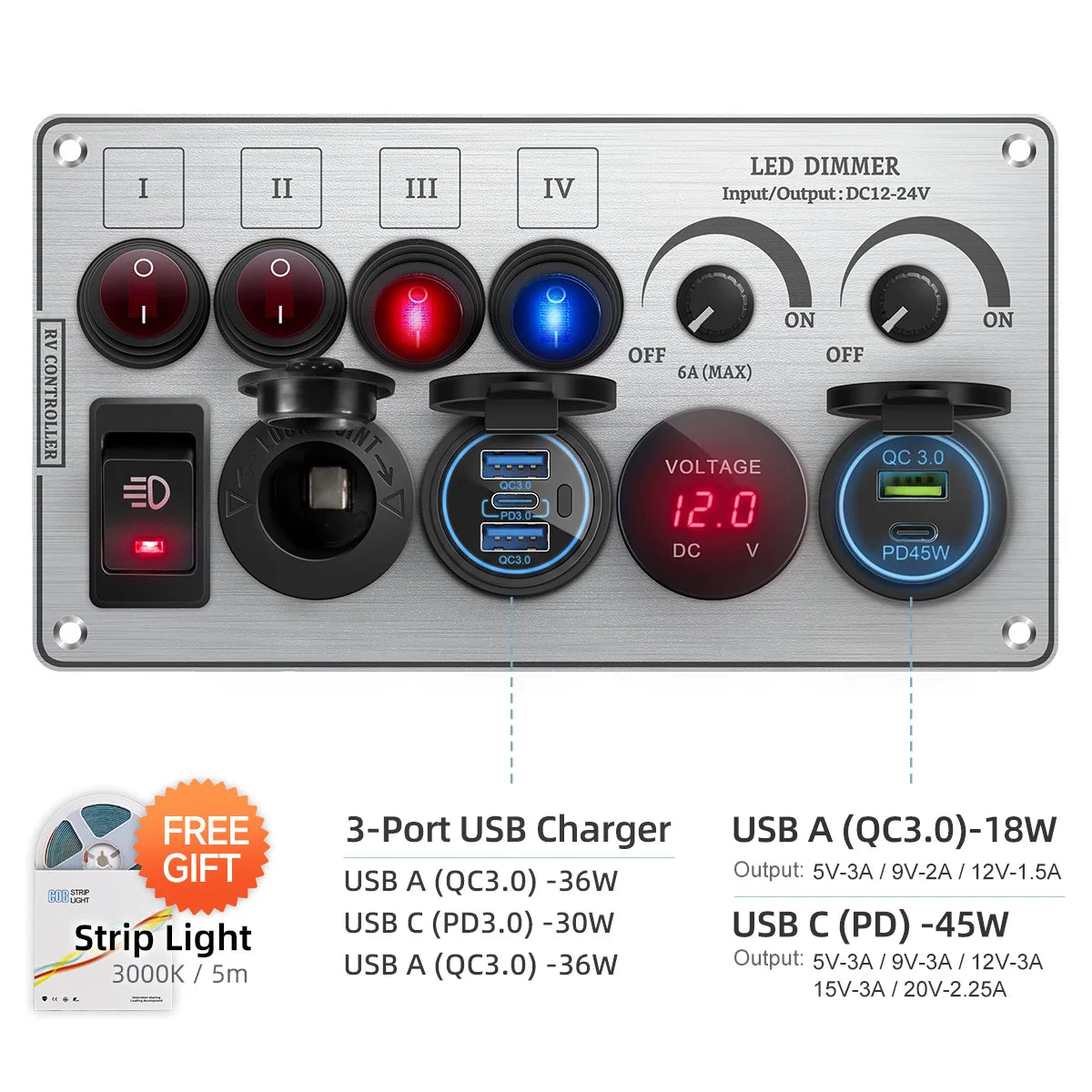 Toggle Switch Multi-Functions Aluminum Panel LED Dimmer Switch 12V 24V for RV Dual Port USB QC3.0  Cigarette Lighter