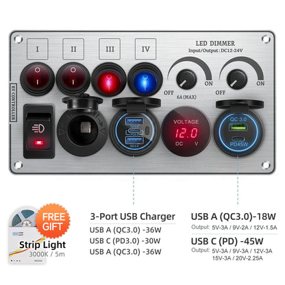 Toggle Switch Multi-Functions Aluminum Panel LED Dimmer Switch 12V 24V for RV Dual Port USB QC3.0  Cigarette Lighter
