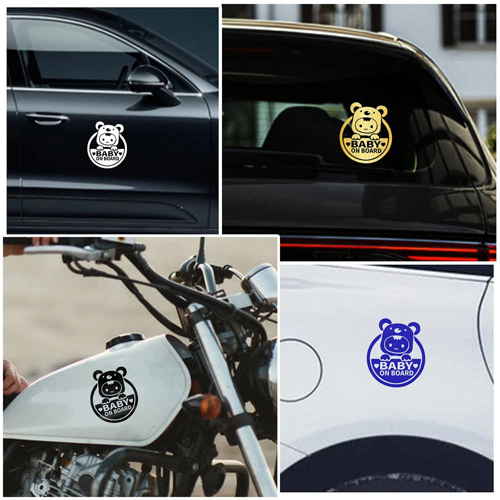 Baby On Board" Reflective Car & Motorcycle Decal - Durable Pvc, Cartoon Safety Warning Sticker For Windows