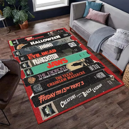 VIKAMA Classic Retro Horror VHS Tape Area Rug, Distressed and Machine-Washable Floor Mat, Living Room Rug, Home Decor