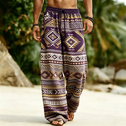 Men's Aztec Tribal Geometric Print Drawstring Wide Leg Pants, Casual Loose Trousers For Spring Summer Beach & Daily Wear