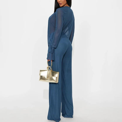 Ladies Fashion Sexy Mesh Chiffon Solid V Neck Blouse & Pant Sets Women Long Sleeve Casual Pants Elegant 2 Pieces Set Summer
