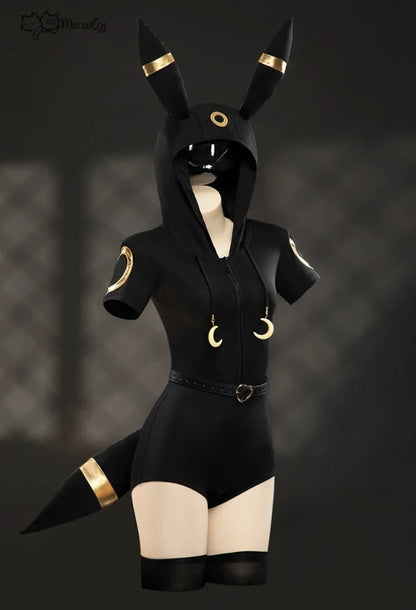 MEOWCOS Women Moonlight Fox Dark Gray Romper Hooded Bodysuit with Sleeves Stockings Belt and Tail Halloween Cosplay Costume