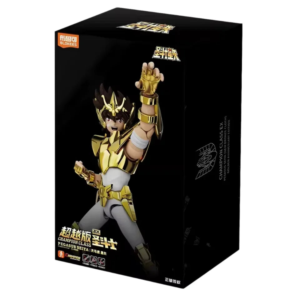 BLOKEES Saint Seiya 40TH Gold Saint EX Cygnus Hyoga Pegasus Seiya Buildable Statue Spare Hands Golden Paint Collectible Toy Gift