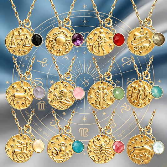 12 Zodiac Stainless Steel Women's Necklace Birthstone Zodiac Round Pendant Necklace Sweater Chain Amulet Color Christmas Gift